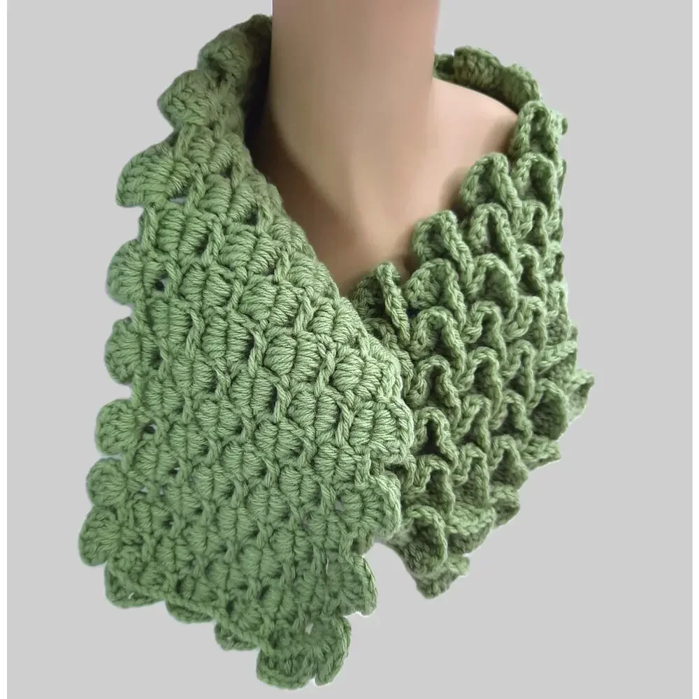 Handmade Dragon Scale Cowl Olive Green Mermaid Crochet Scarf Crocodile Stitch - Picture 5 of 10